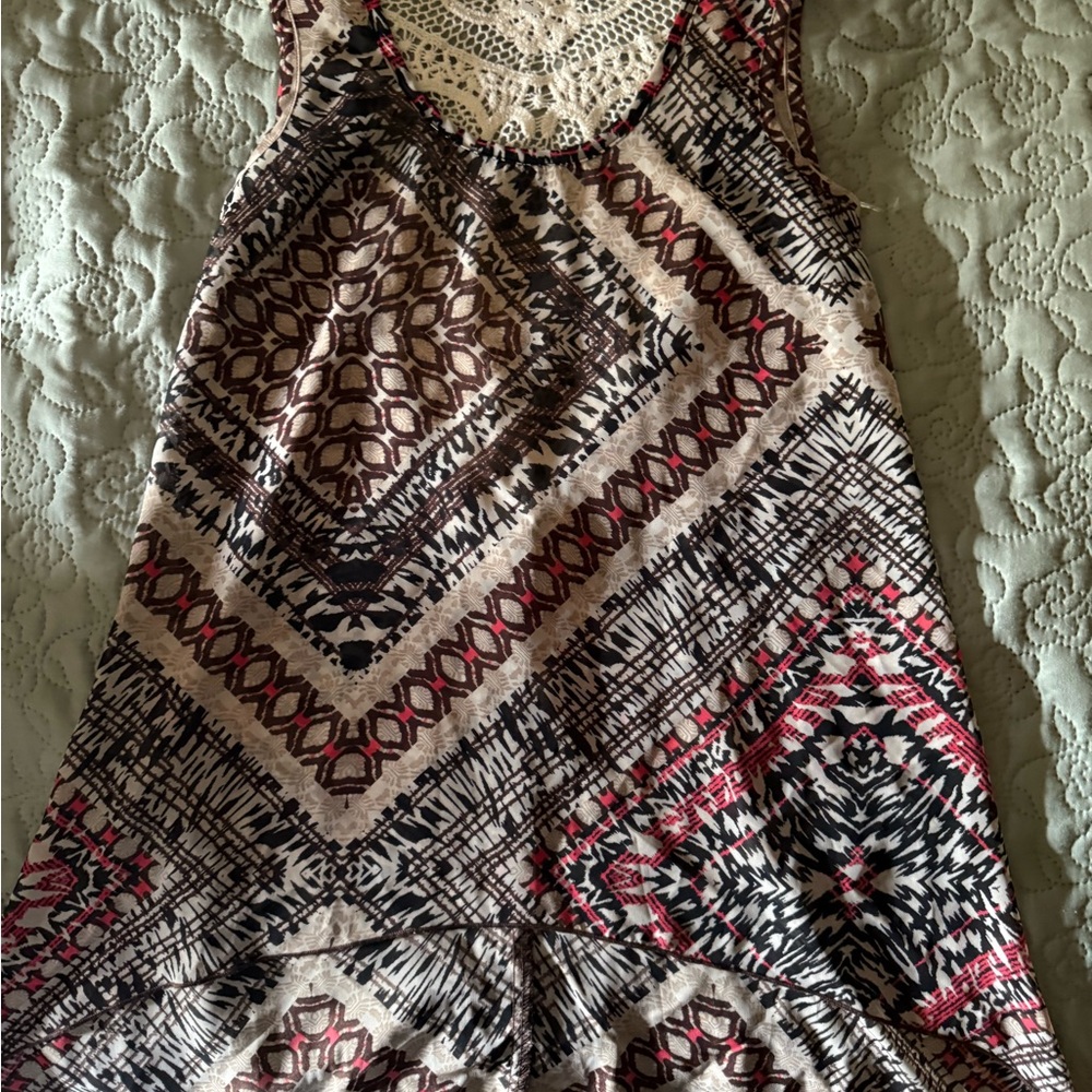 Womens Beige Tank Top with Black & Pink Tribal Print